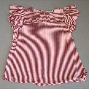 Loft Red White Striped Flutter Short Ruffled Sleeve Blouse Patriotic Americana M